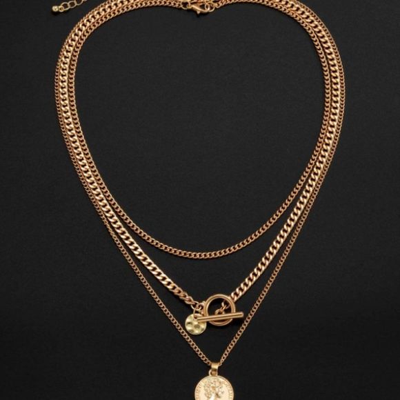 7/$35 Gold Color Three Layer Toggle Medallion Necklace - Picture 5 of 7